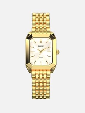 Clarine De Mains Gold 14k Gold Stainless Steel Rectangle Watch with White Face